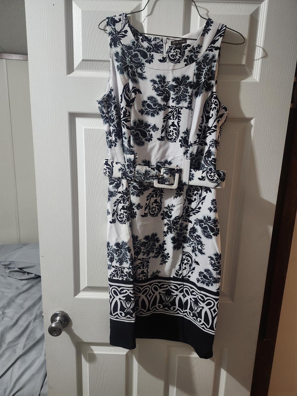 Voir Voir White Dress with Navy Floral Print and Belt